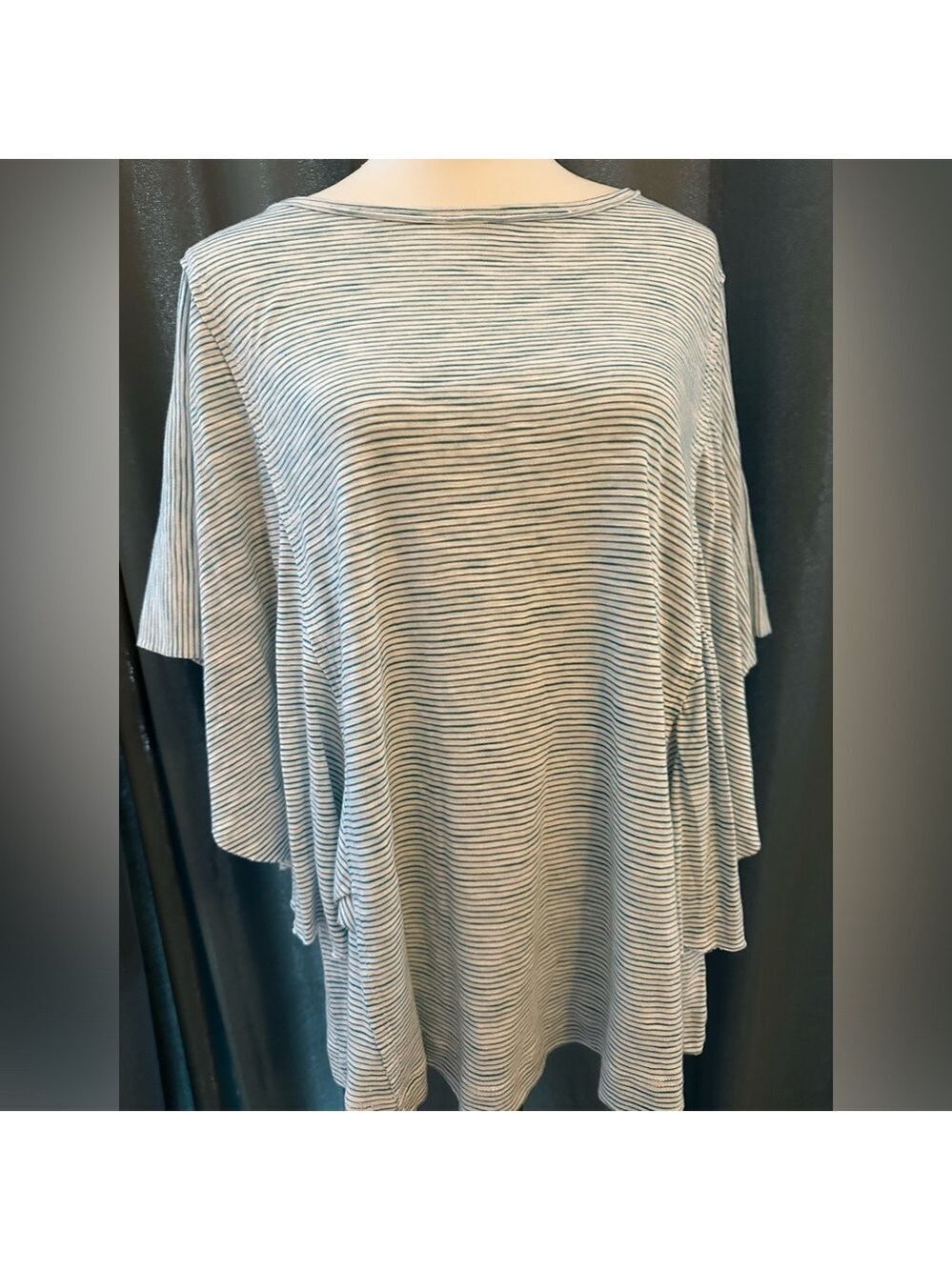 Westbound woman blue-green  and white cotton top with flutter sleeves